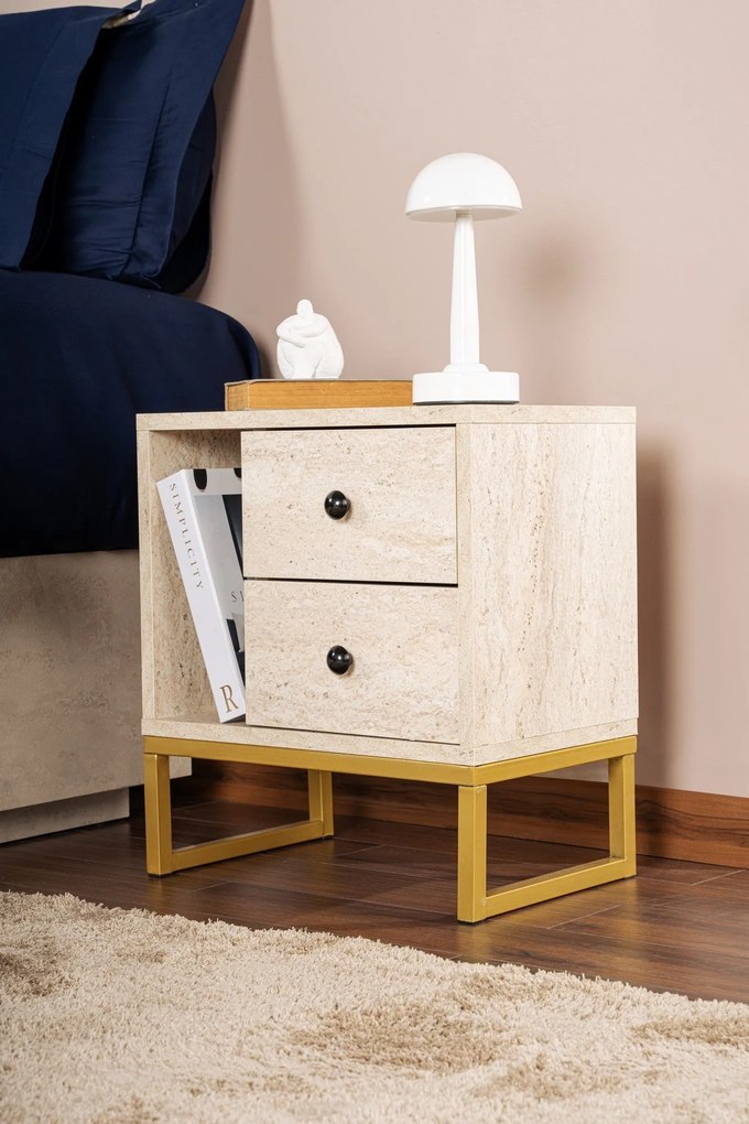 Mesa de Cabeceira Glimmer – Travertine/Dourado – 45,2x50x29,5 cm