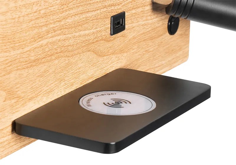 Conjunto de 2 Apliques de Parede Preto com Madeira incl. LED com USB e Carregador por Indução - Riza Moderno