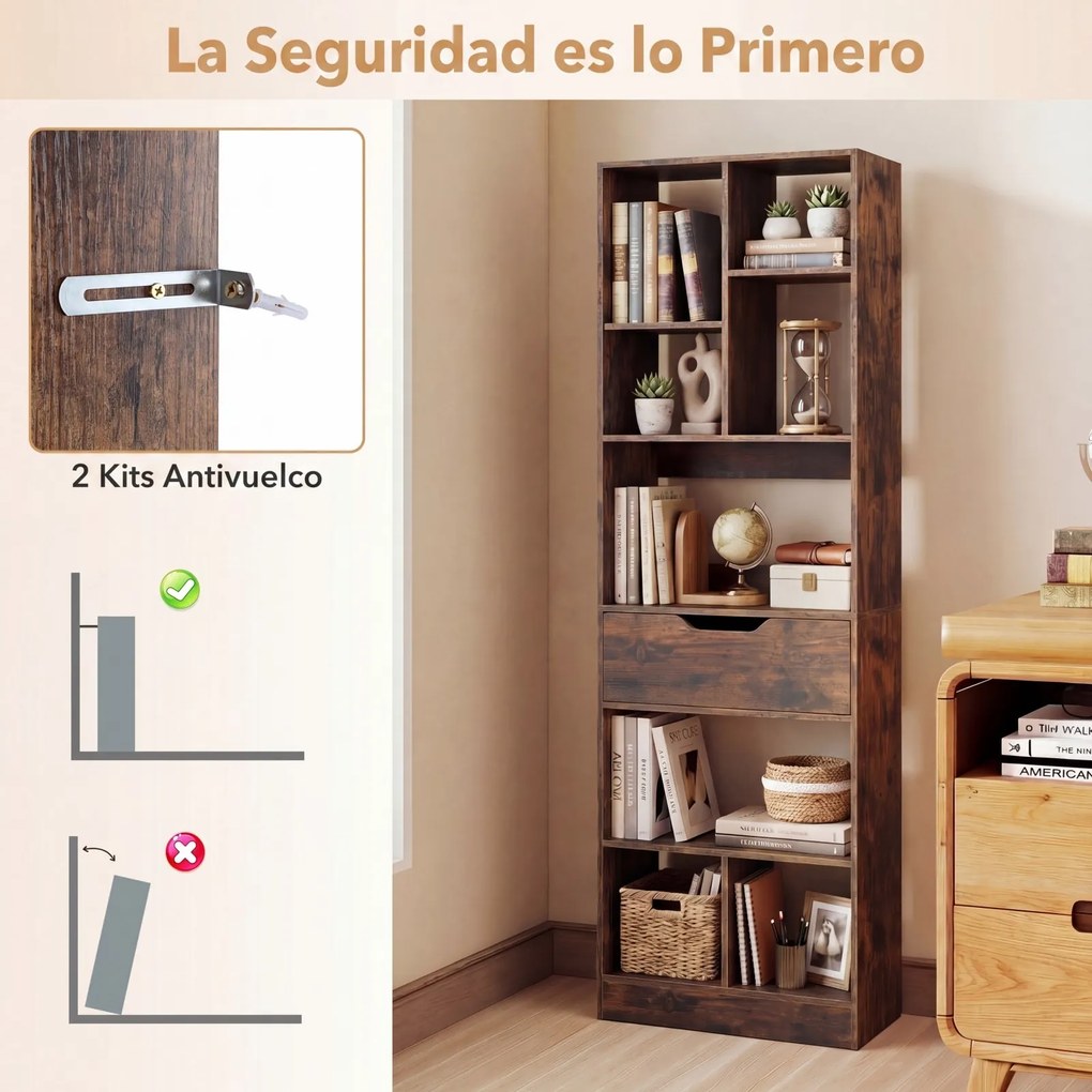 Estante Livreira Industrial, 50 x 24 x 155 cm, 8 Compartimentos e Gaveta, Castanho