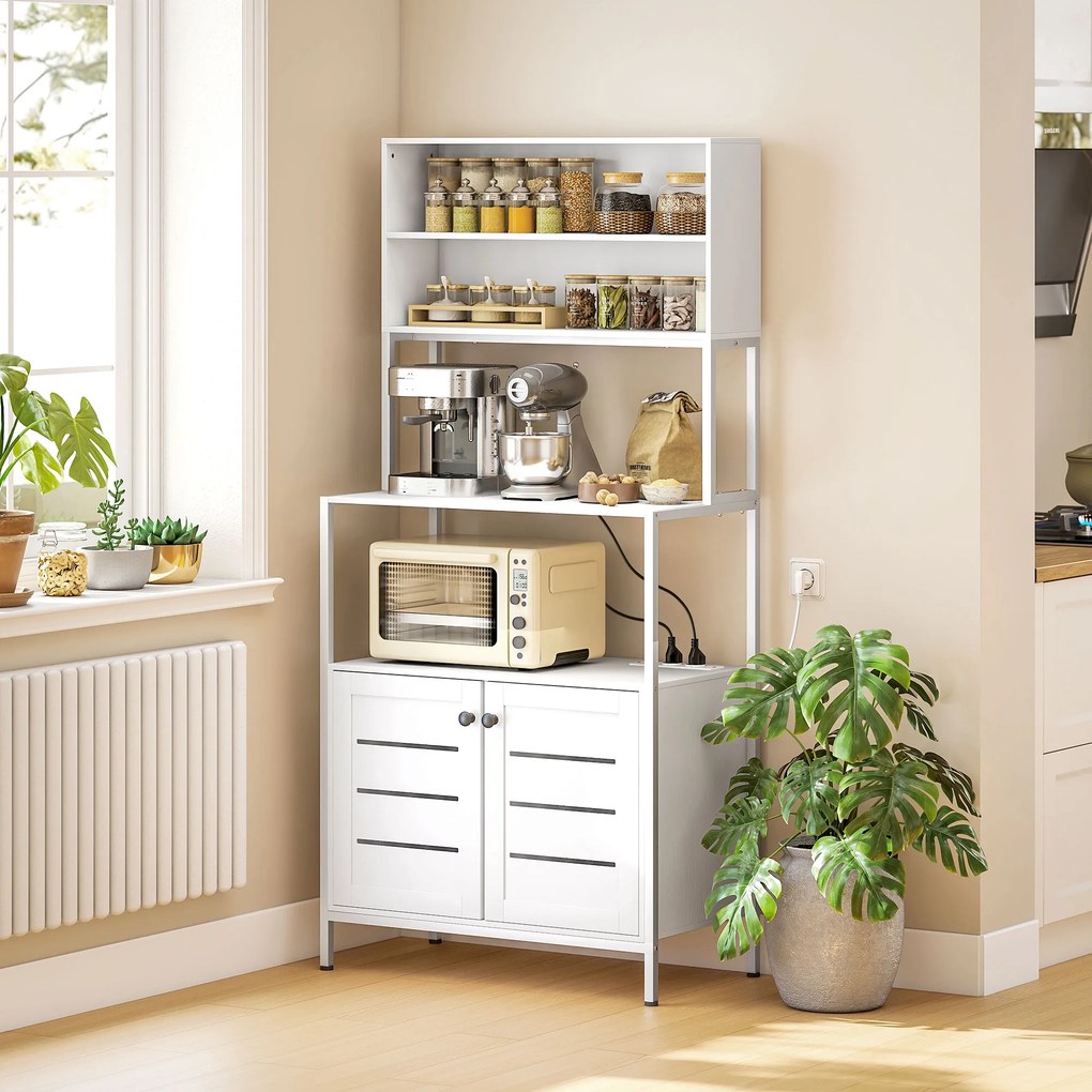 Armário de Cozinha com Tomada de Corrente Suporte para Micro-Ondas 2 Entradas USB e Compartimentos 80x42x171 cm Branco