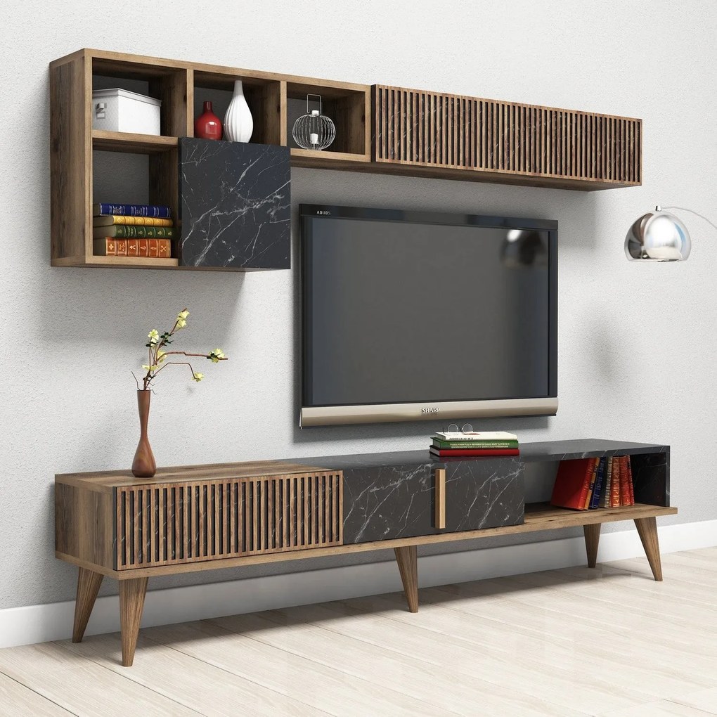 Conjunto de Mobiliário de Sala de Estar Milan – Nogueira Preto – TV St