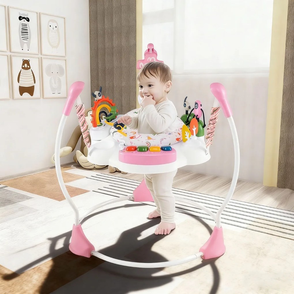 Centro de atividades para bebés com saltador, 6 brinquedos, luzes, música, 3 alturas ajustáveis, mesa giratória 360° para 6+ meses, rosa