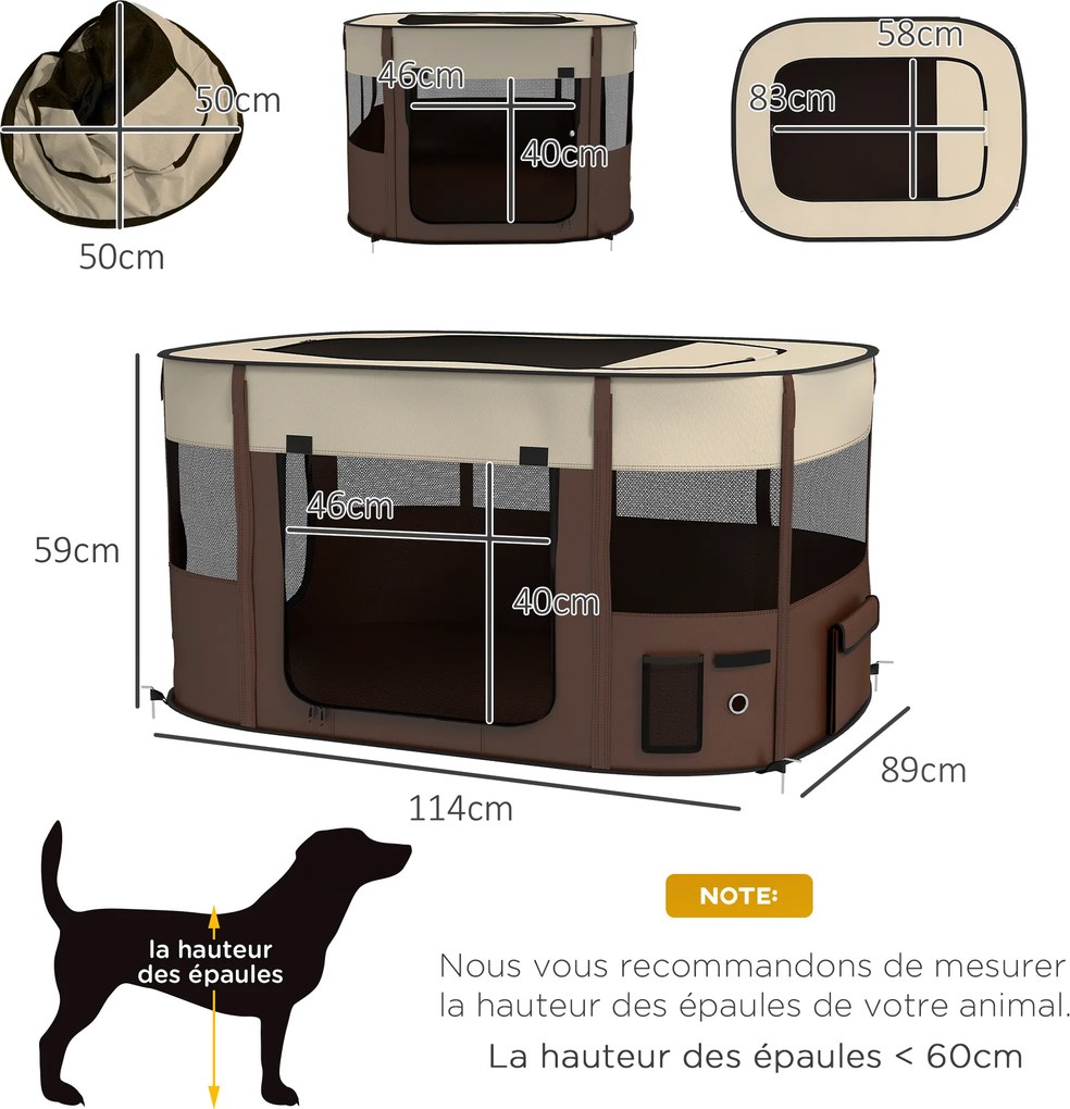 Parque dobrável para animais de estimação 114 x 89 x 59 cm, parque para cachorros em tecido Oxford com janelas e portas, saco de arrumação castanho