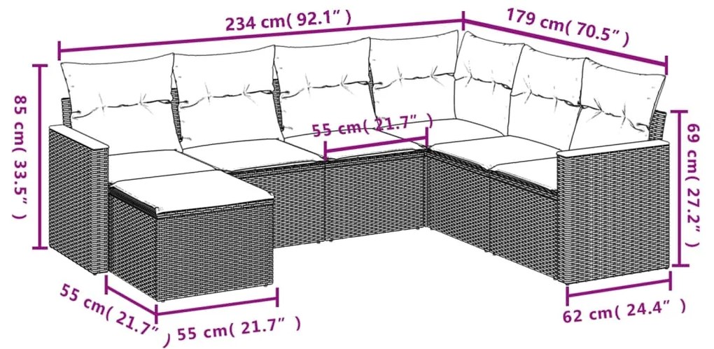 7 pcs conjunto de sofás p/ jardim c/ almofadões vime PE preto