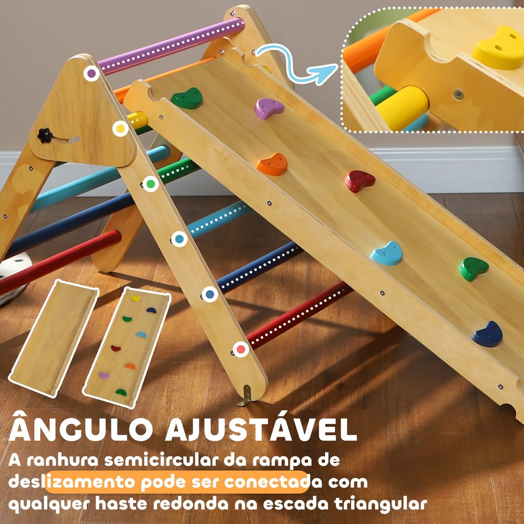 Triângulo de Escalada de Madeira 2 em 1 Escalada para Crianças de 18-48 Meses com Rampa para Deslizar ou Escalar 147x64,5x63 cm Multicor