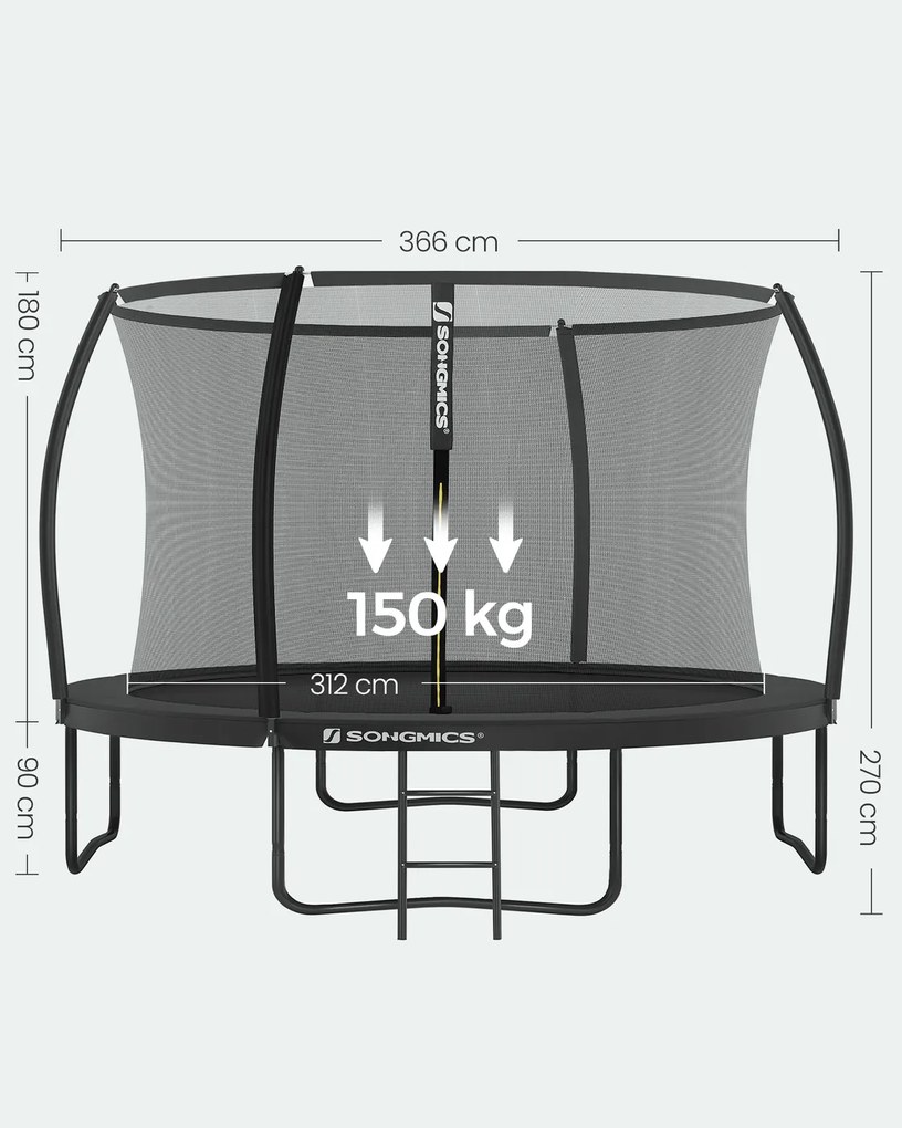 Trampolim de 366 cm de diâmetro, de jardim para crianças com rede de segurança, barras curvas com 180 cm de altura, cobertura de borda, escada, estrut