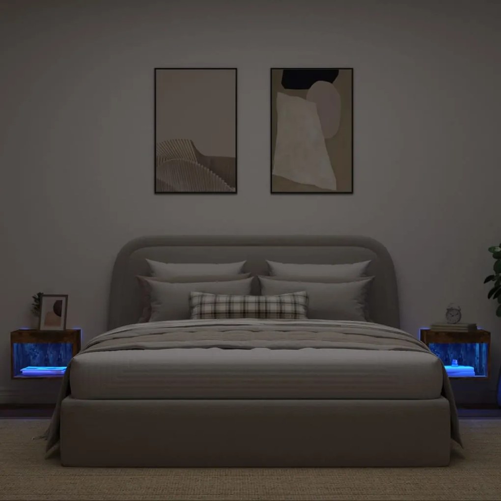 Mesas de cabeceira de parede com luzes LED 2pcs carvalho fumado