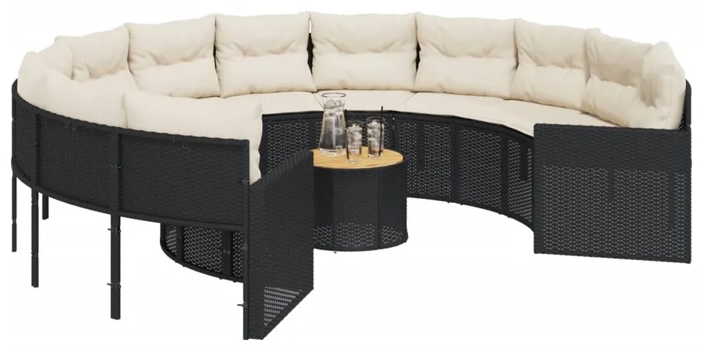 Sofá de jardim com mesa e almofadões redondo vime PE preto
