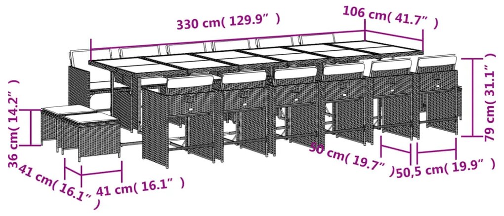 17 pcs conjunto de jantar p/ jardim c/ almofadões vime PE bege