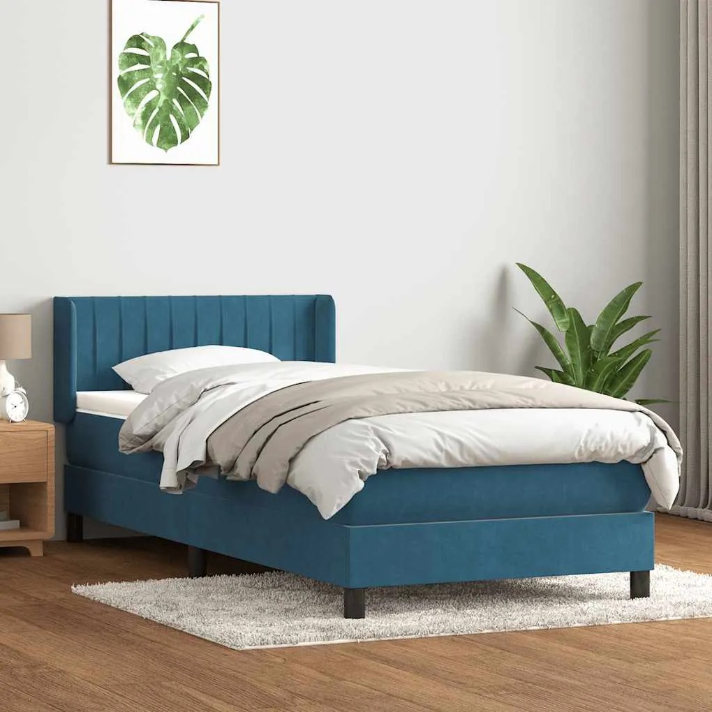 Cama com molas/colchão 90x220 cm veludo azul-escuro