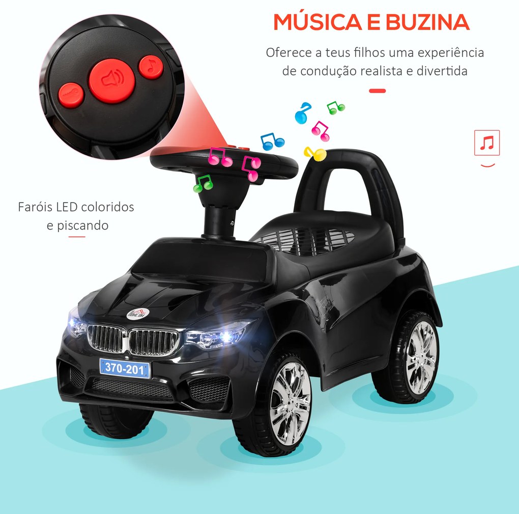 Carro Andador para Crianças com Faróis Música Buzina Volante Compartimento de Armazenamento 63,5x28x36 cm Preto