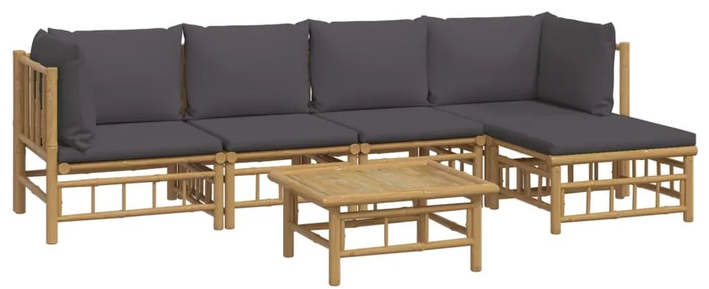 6 pcs conjunto lounge jardim bambu c/ almofadões cinza-escuro