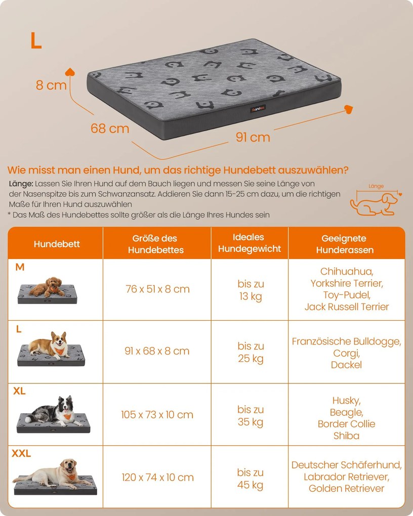 Cama ortopédica para cães 91 x 68 x 8 cm, tamanho L Cinzento