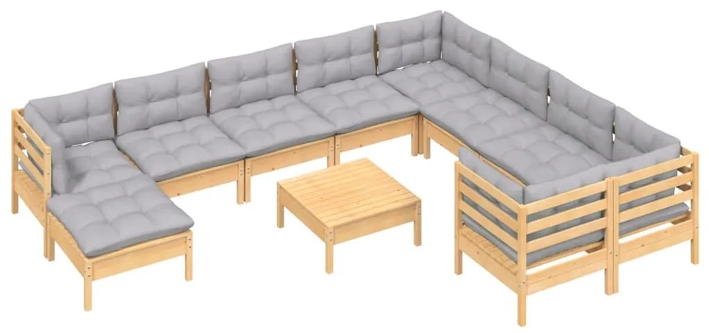 11 pcs conjunto lounge de jardim c/ almofadões cinza pinho