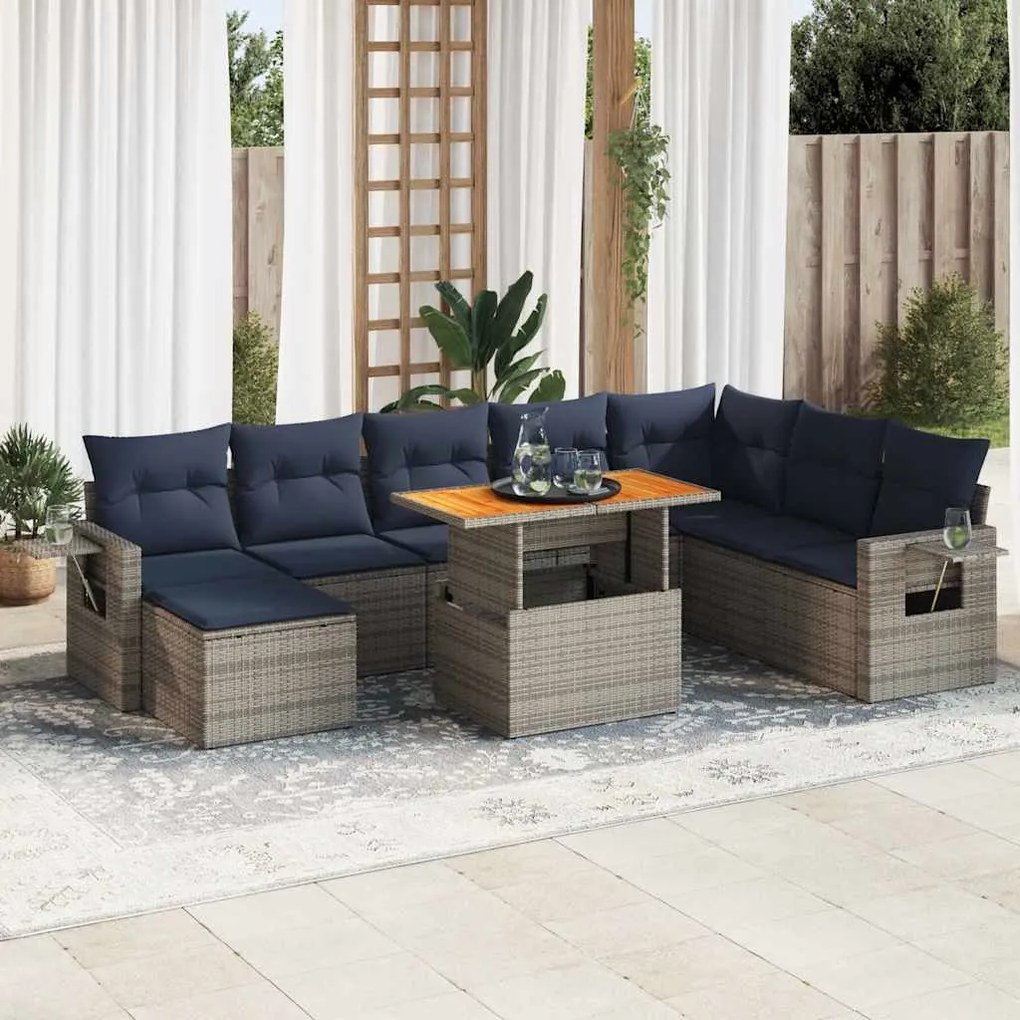9 pcs conjunto sofás p/ jardim com almofadões vime PE cinzento
