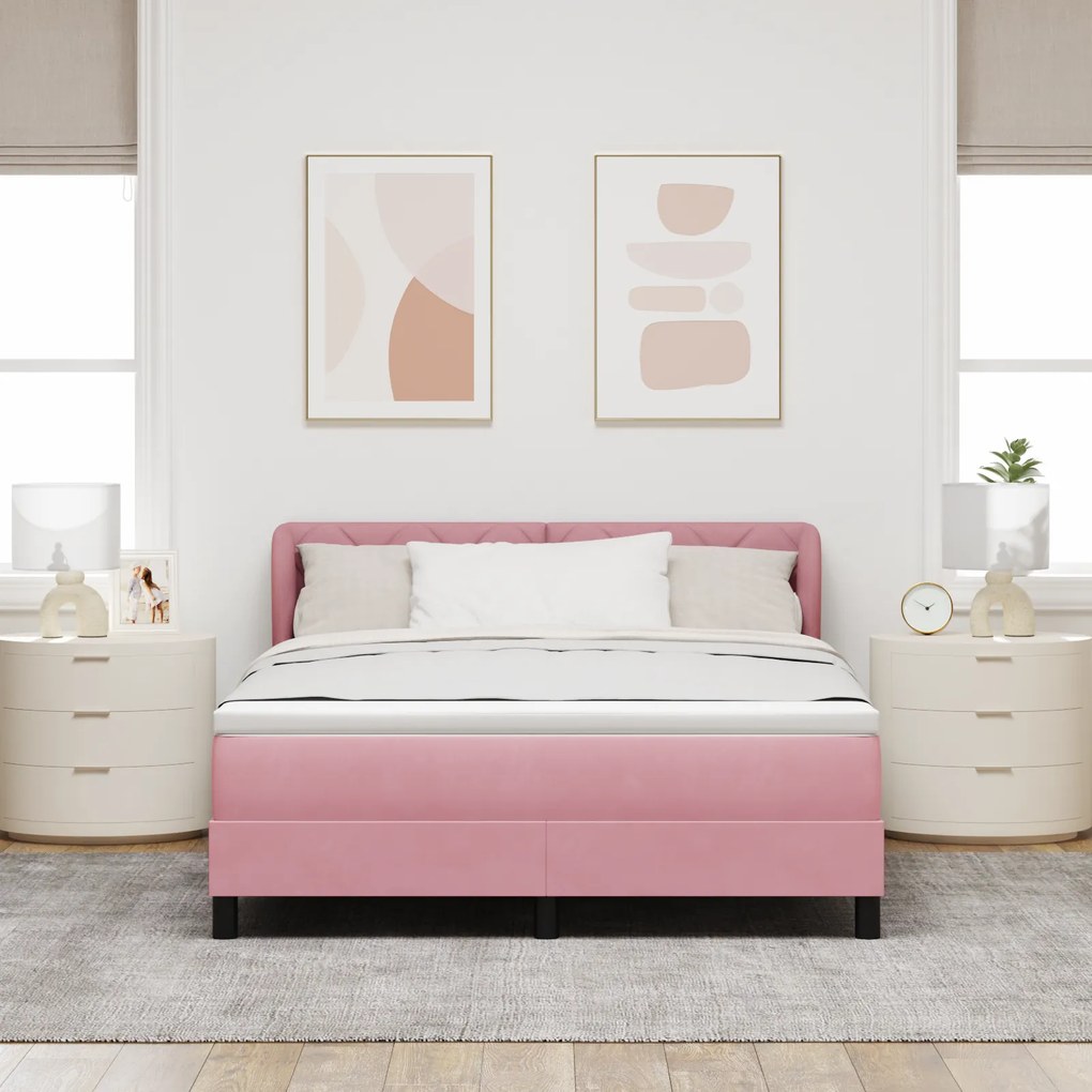 Cama Box Spring com Colchão Rosa 140x190 cm Veludo