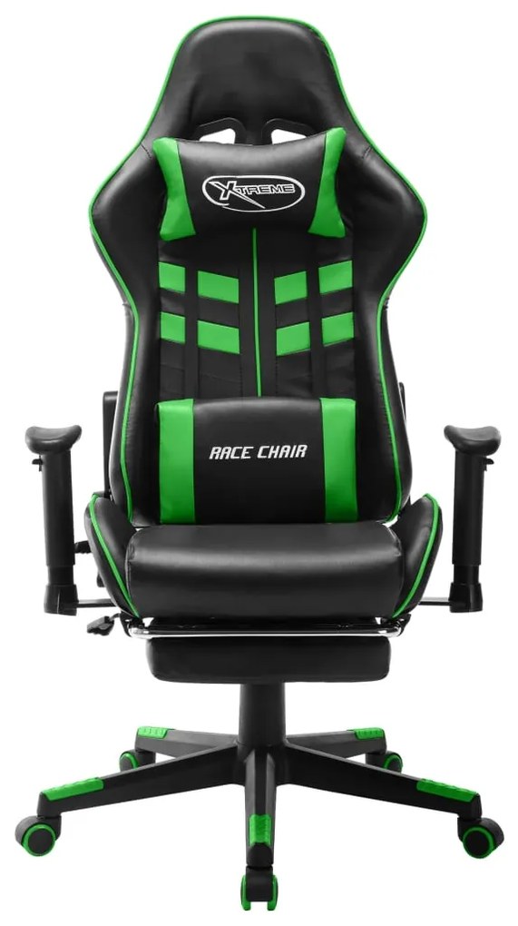 Cadeira de gaming c/ apoio de pés couro artificial preto/verde