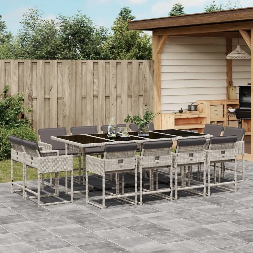 vidaXL 13 pcs conj. jantar jardim c/ almofadões vime PE cinzento-claro