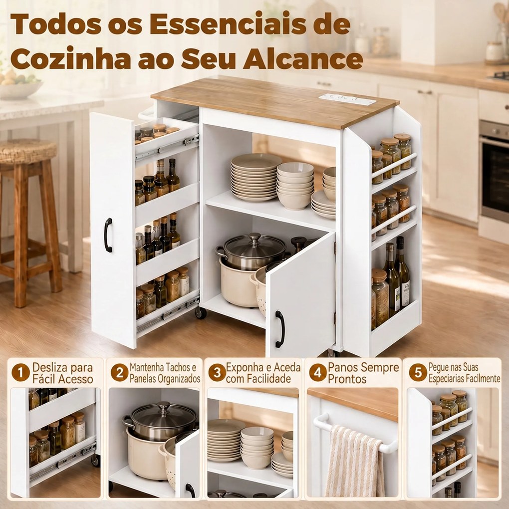 Carrinho de Cozinha com Rodas Estação de Carregamento Armário Organizador Extraível Porta-Especiarias e Barra para Panos 80x40x88 cm Branco