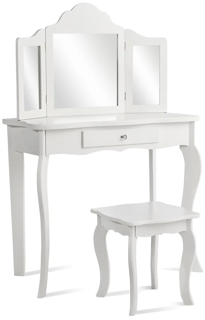 Conjunto de Toucador para Crianças com Espelho Dobrável Banco em 3 Partes e Gaveta 70 x 34 x 104 cm Branco