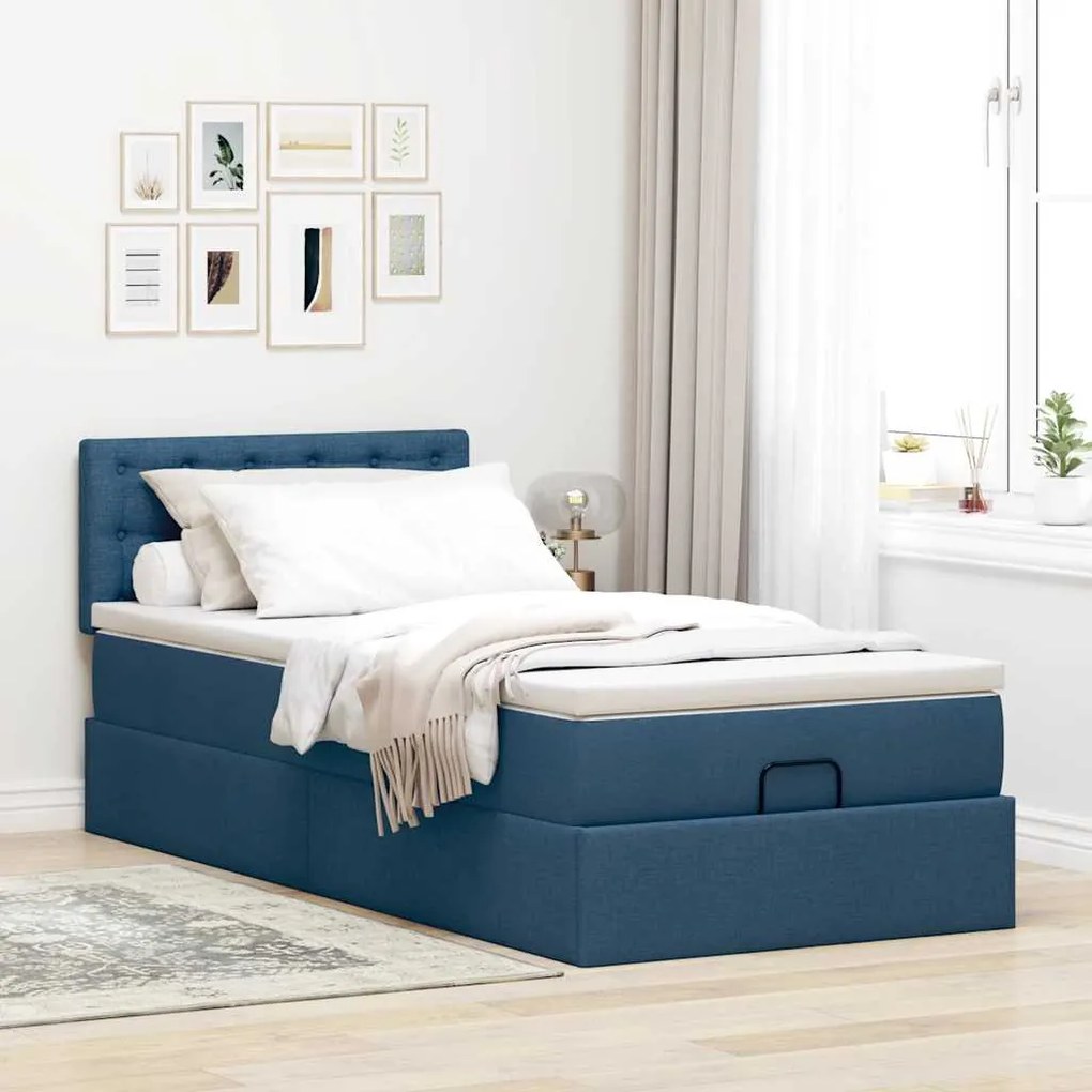Cama Otomana com Colchão & LEDs Tecido Azul 90x200 cm