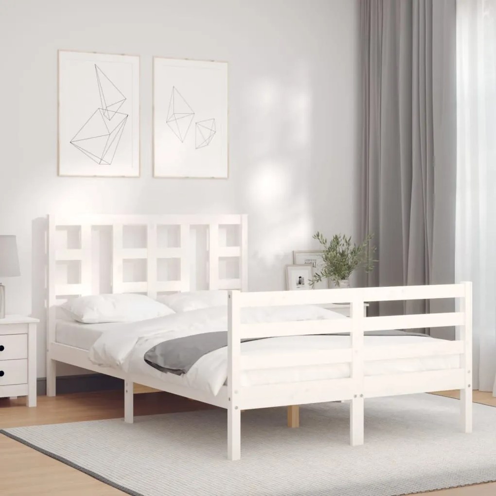 vidaXL Estrutura de cama de casal c/ cabeceira madeira maciça branco