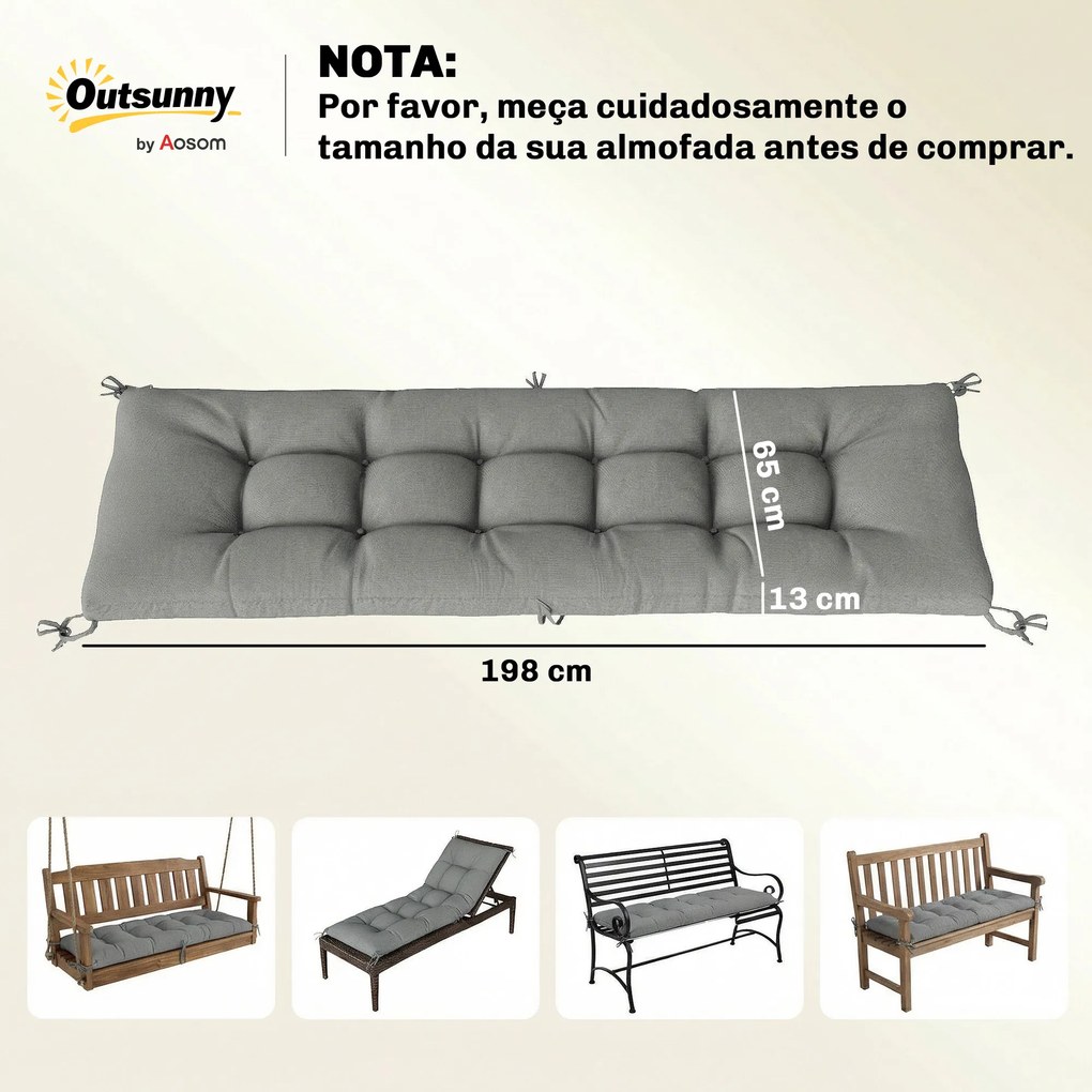 Almofada para espreguiçadeira jardim (NÃO INCLUIDA) com Alças de Fixação Proteção UV50+ Recuperação Lenta Interior Exterior 198x65x13 cm Cinzento