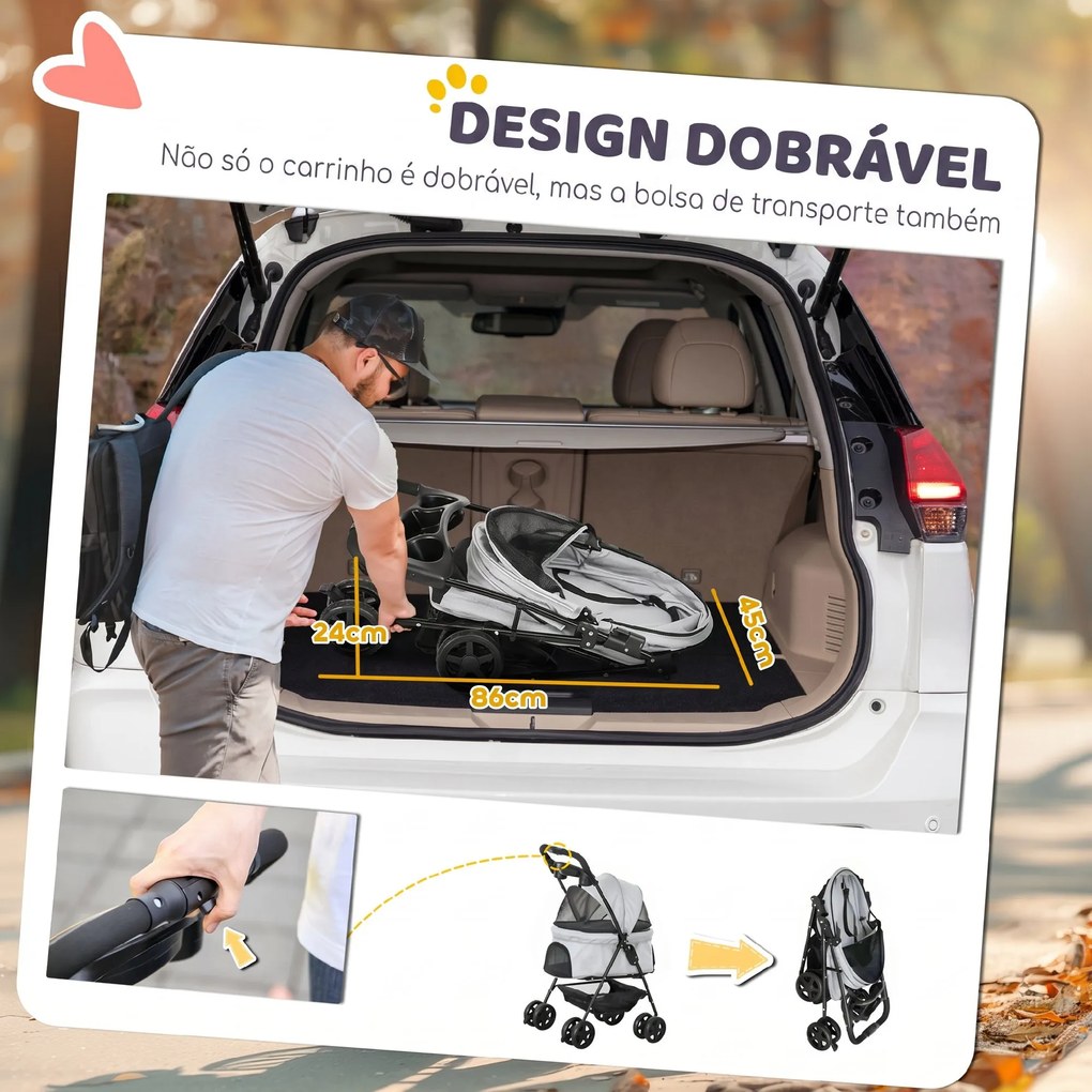 Carrinho para Cães Pequenos com 4 Rodas Travão Cesto Capota Correias de Segurança e Janelas 67x45x96 cm Cinza Claro