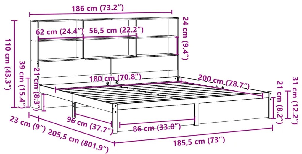 Cama com estante sem colchão 180x200 cm pinho maciço branco