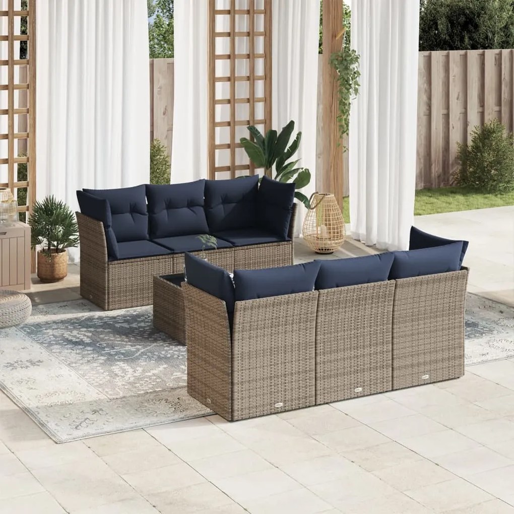vidaXL 7 pcs conjunto sofás p/ jardim c/ almofadões vime PE cinzento