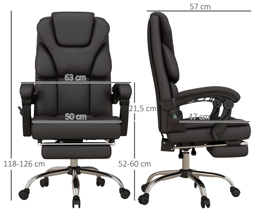 Vinsetto Cadeira de Escritório com 6 Pontos de Massagem Cadeira Executiva Reclinável de PU com Controlo Remoto Altura Ajustável Encosto Alto Apoio para os Pés e Bolso 63x57x118-126 cm Marrom