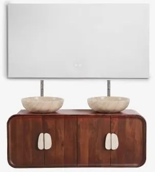 Conjunto De Móvel De Casa De Banho Dupla Suspensa 130x45 Cm Em Madeira De Manga E Pedra Natural Kivalina Travertino - Madeira De Mangueira Escura & -