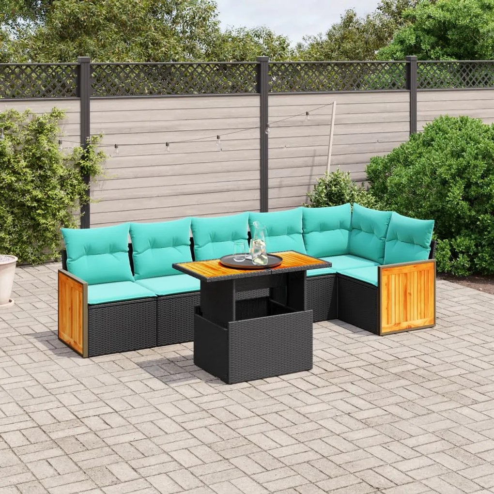 vidaXL 7 pcs conjunto de sofás p/ jardim c/ almofadões vime PE preto