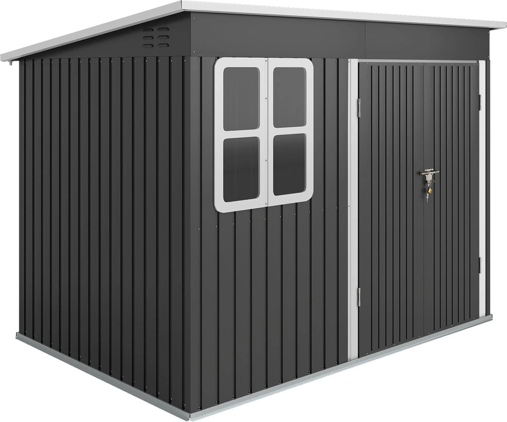 Outsunny Abrigo metálico para armazenamento de ferramentas de jardim, com janela, porta larga, 260 x 177 x 190 cm, cinza escuro | Aosom Portugal