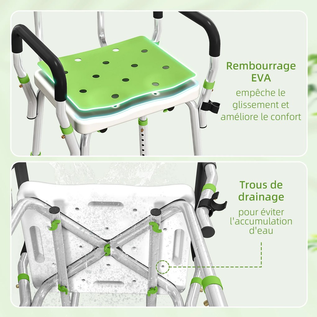 Banco de duche, cadeira de duche ergonómica, altura ajustável, pés antiderrapantes, 56,5 x 53,5 x 87 cm, branco e verde