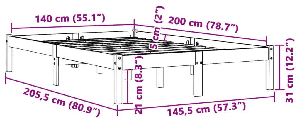 Estrutura de cama 140x200 cm madeira pinho maciça castanho cera