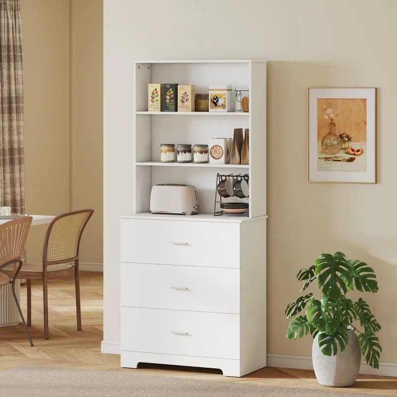 Estante para Livros 79x39,5x182,2 cm de 6 Níveis Estante com 3 Gavetas 3 Prateleiras Abertas  Branco