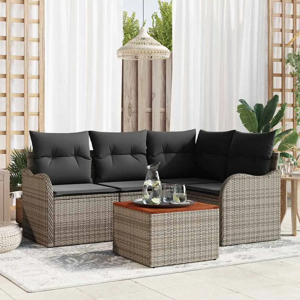 vidaXL Conjunto de Sofá de Jardim com 5 peças e almofadas cinza em rattan sintético e madeira de acácia