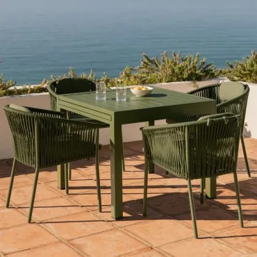 Conjunto De Mesa Extensível Starmi 90-180x90 Cm E 4 Cadeiras De Jardim Empilháveis Em Alumínio E Corda Trançada Ondina Verde Azeitona Intenso - Sklum