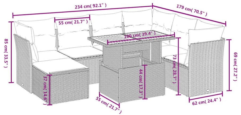 8 pcs conjunto de sofás p/ jardim com almofadões vime PE bege