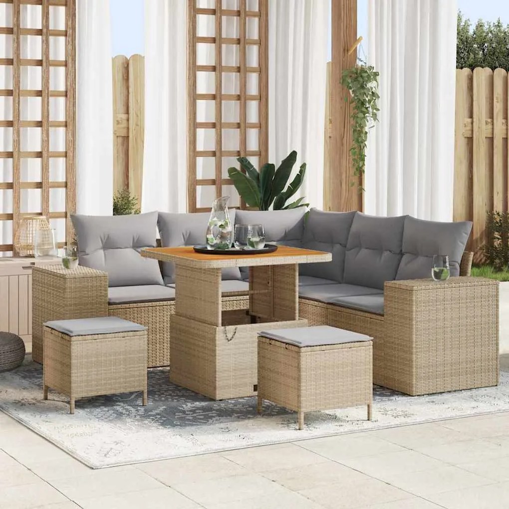 vidaXL Conjunto de Sofá de Jardim 8 Peças com Almofadas Bege, Rattan, Poliéster e Acácia.