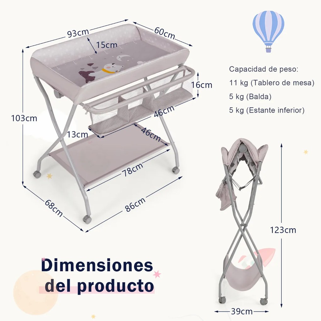 Trocador dobrável para crianças com rodas bloqueáveis Trocador com cesto largo 93 x 68 x 103 cm cinza