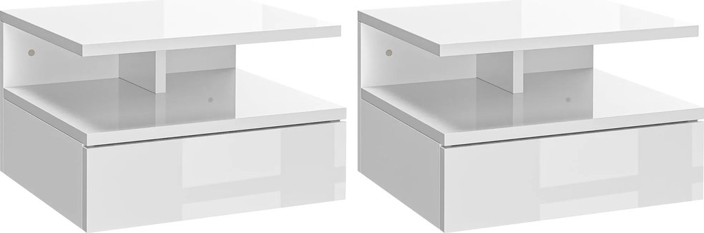 Conjunto de 2 Mesas de Cabeceira Flutuante com 1 Gaveta e Prateleira Aberta Montado na Parede 35x32x22,5 cm Branco