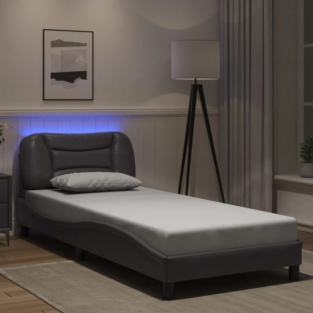 Estrutura cama c/ luzes LED 90x190 cm couro artificial cinzento