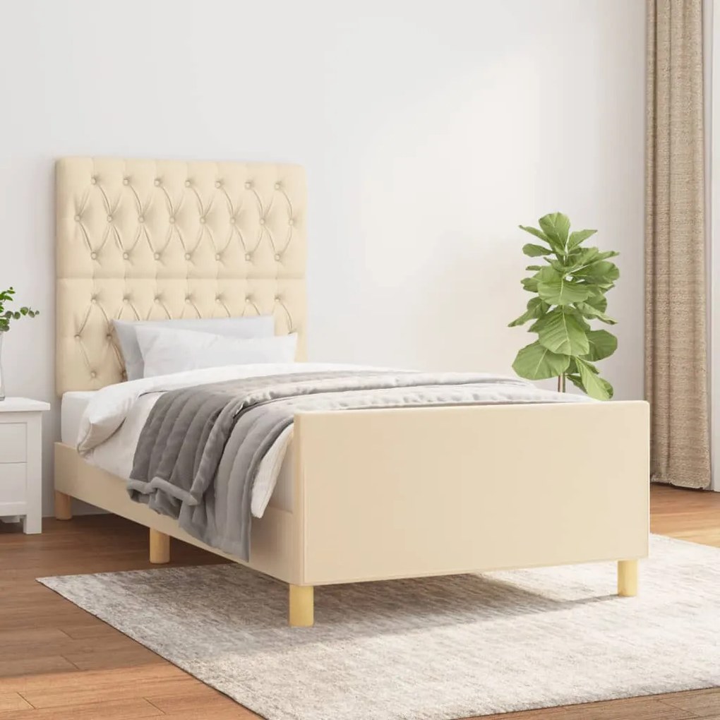 Estrutura de cama c/ cabeceira tecido cor creme 90x190 cm