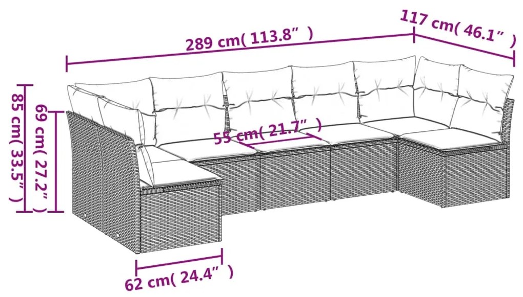 7 pcs conj. sofás jardim com almofadões vime PE cinzento-claro