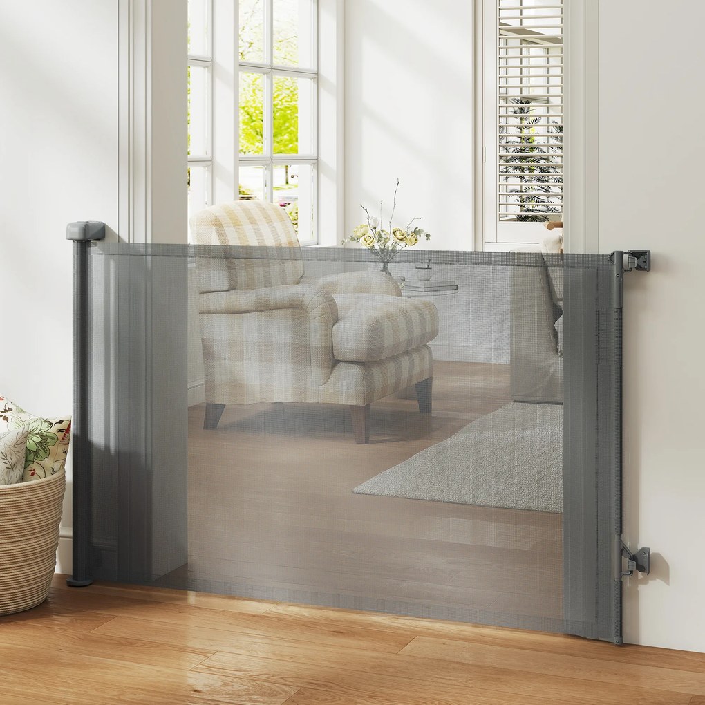 Barreira de Segurança Retrátil para Cães Extensível até 140 cm de Largura para Escadas e Portas Cinzento
