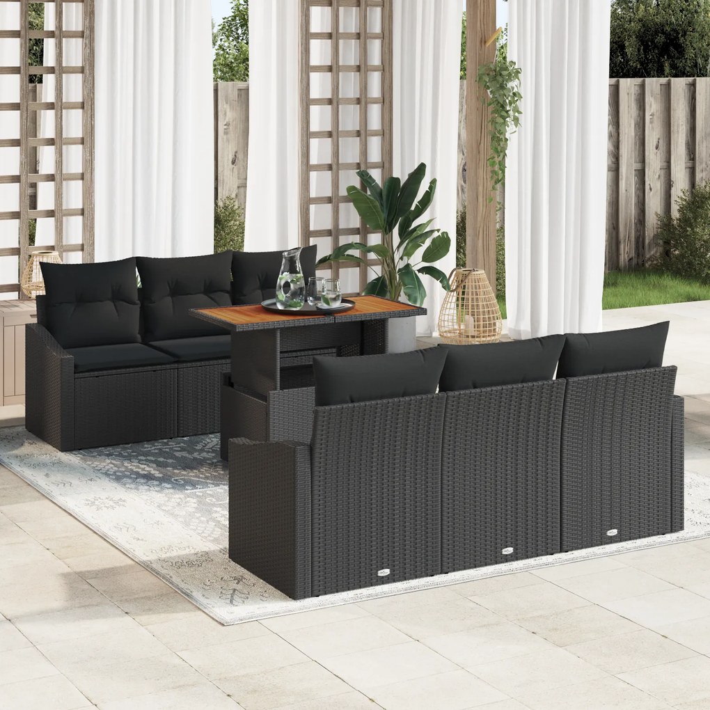 Conjunto de Sofá de Jardim de 7 Peças com Almofadas Preto em Rattan Po