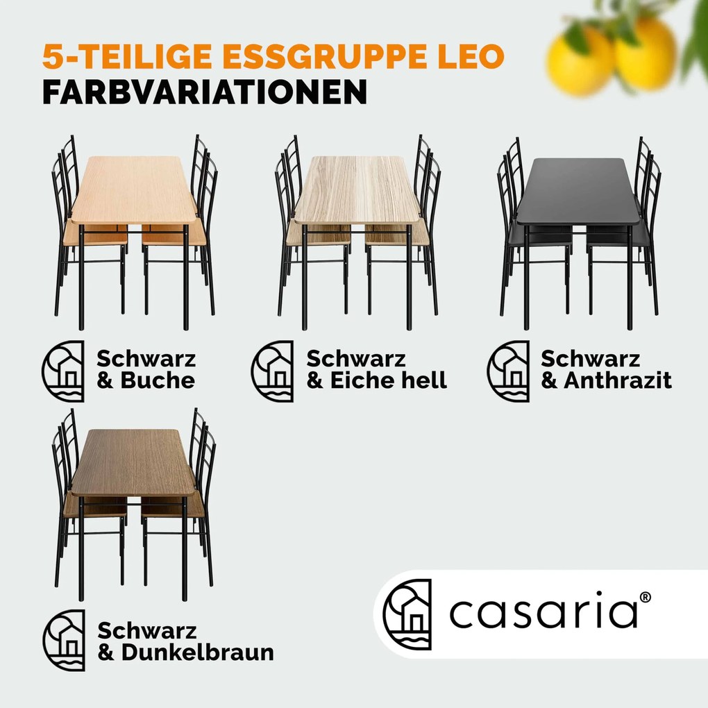 Conjunto de mesa cozinha com 4 cadeiras Leo, 5 peças, cor carvalho