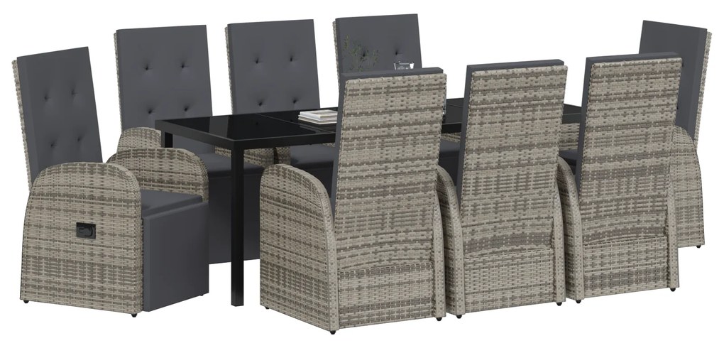 Conjunto de Jantar de Jardim de 9 Peças com Almofadas Cinza Rattan PE